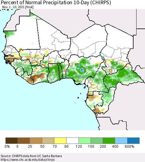 Western Africa Percent of Normal Precipitation 10-Day (CHIRPS) Thematic Map For 11/1/2021 - 11/10/2021