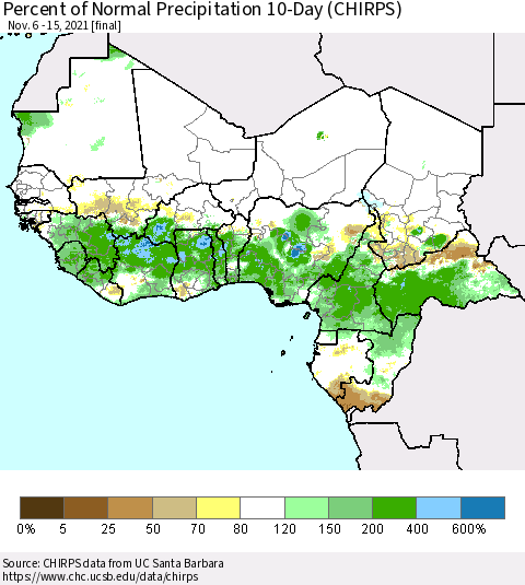Western Africa Percent of Normal Precipitation 10-Day (CHIRPS) Thematic Map For 11/6/2021 - 11/15/2021