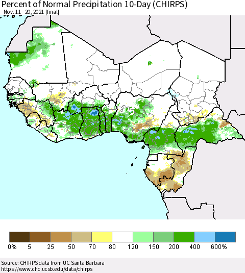 Western Africa Percent of Normal Precipitation 10-Day (CHIRPS) Thematic Map For 11/11/2021 - 11/20/2021