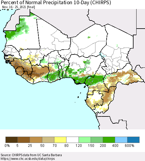 Western Africa Percent of Normal Precipitation 10-Day (CHIRPS) Thematic Map For 11/16/2021 - 11/25/2021