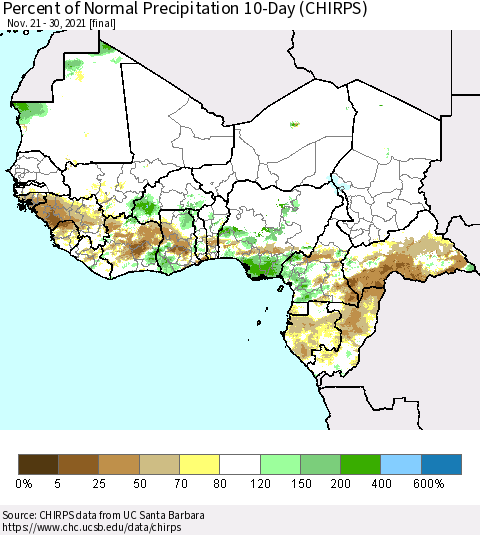 Western Africa Percent of Normal Precipitation 10-Day (CHIRPS) Thematic Map For 11/21/2021 - 11/30/2021
