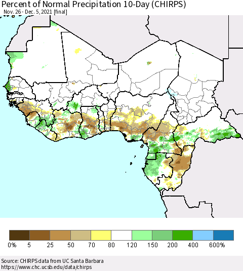 Western Africa Percent of Normal Precipitation 10-Day (CHIRPS) Thematic Map For 11/26/2021 - 12/5/2021