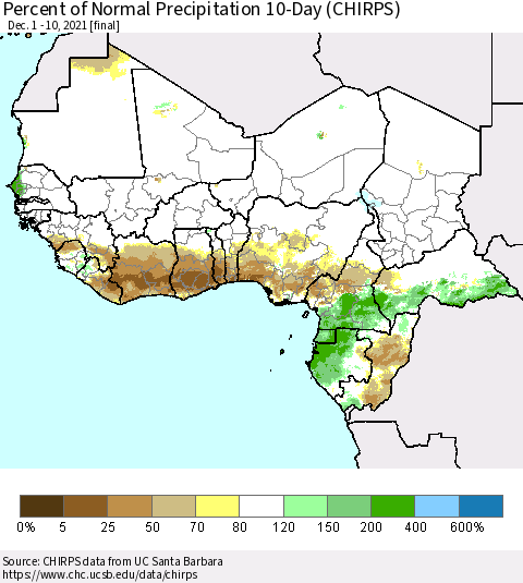 Western Africa Percent of Normal Precipitation 10-Day (CHIRPS) Thematic Map For 12/1/2021 - 12/10/2021