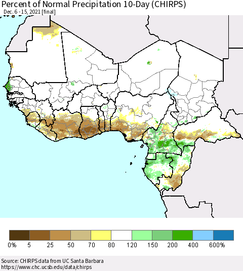 Western Africa Percent of Normal Precipitation 10-Day (CHIRPS) Thematic Map For 12/6/2021 - 12/15/2021