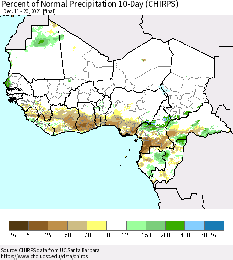 Western Africa Percent of Normal Precipitation 10-Day (CHIRPS) Thematic Map For 12/11/2021 - 12/20/2021