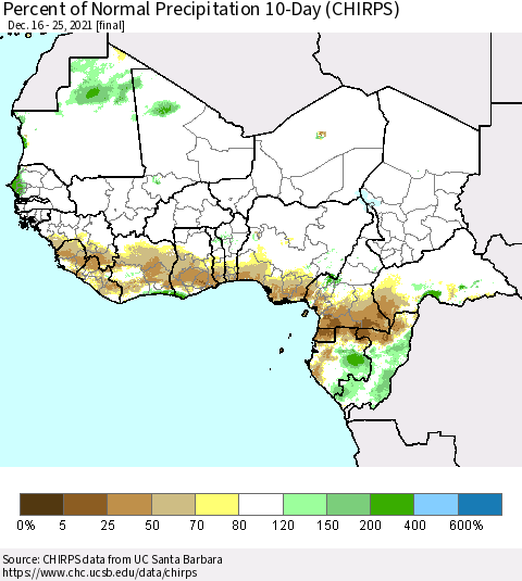Western Africa Percent of Normal Precipitation 10-Day (CHIRPS) Thematic Map For 12/16/2021 - 12/25/2021