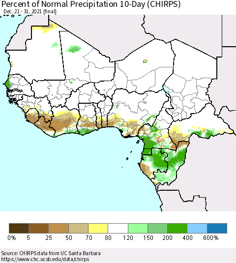 Western Africa Percent of Normal Precipitation 10-Day (CHIRPS) Thematic Map For 12/21/2021 - 12/31/2021