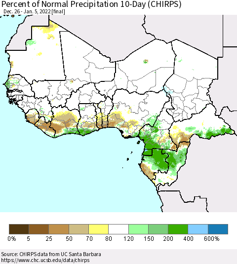 Western Africa Percent of Normal Precipitation 10-Day (CHIRPS) Thematic Map For 12/26/2021 - 1/5/2022