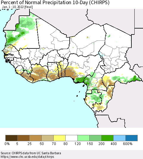 Western Africa Percent of Normal Precipitation 10-Day (CHIRPS) Thematic Map For 1/1/2022 - 1/10/2022