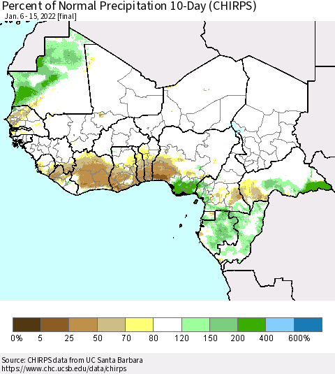 Western Africa Percent of Normal Precipitation 10-Day (CHIRPS) Thematic Map For 1/6/2022 - 1/15/2022
