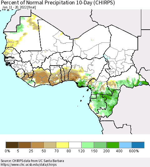 Western Africa Percent of Normal Precipitation 10-Day (CHIRPS) Thematic Map For 1/11/2022 - 1/20/2022