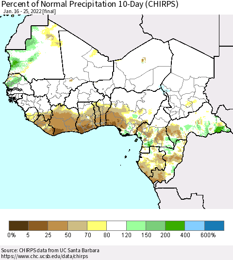 Western Africa Percent of Normal Precipitation 10-Day (CHIRPS) Thematic Map For 1/16/2022 - 1/25/2022