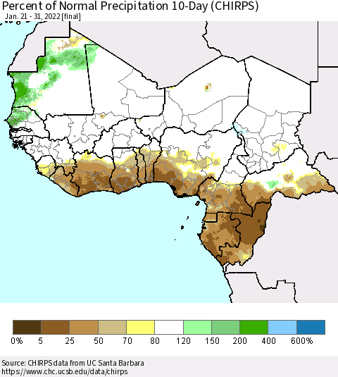 Western Africa Percent of Normal Precipitation 10-Day (CHIRPS) Thematic Map For 1/21/2022 - 1/31/2022