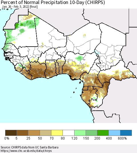 Western Africa Percent of Normal Precipitation 10-Day (CHIRPS) Thematic Map For 1/26/2022 - 2/5/2022