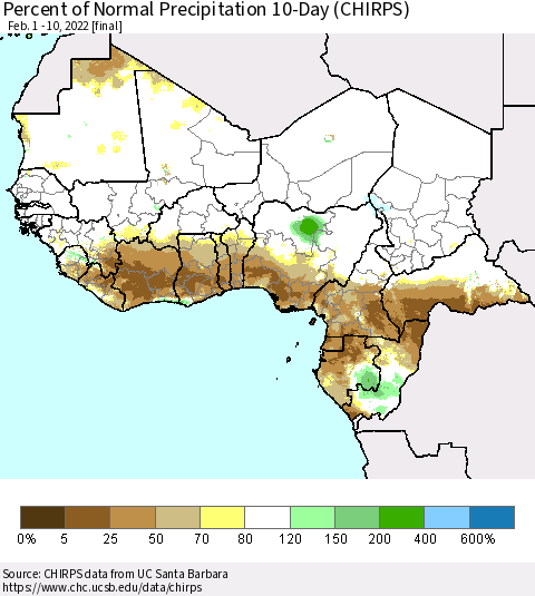 Western Africa Percent of Normal Precipitation 10-Day (CHIRPS) Thematic Map For 2/1/2022 - 2/10/2022