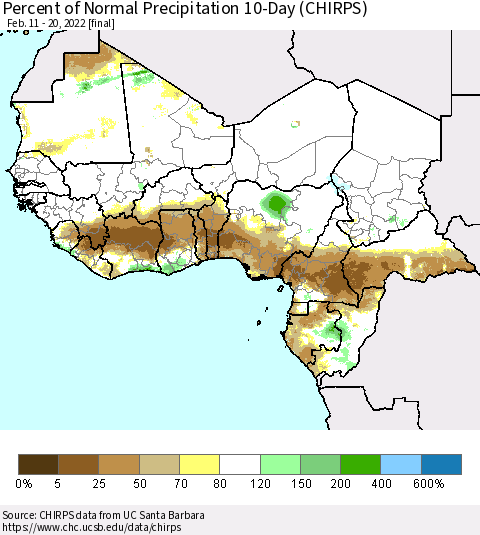Western Africa Percent of Normal Precipitation 10-Day (CHIRPS) Thematic Map For 2/11/2022 - 2/20/2022