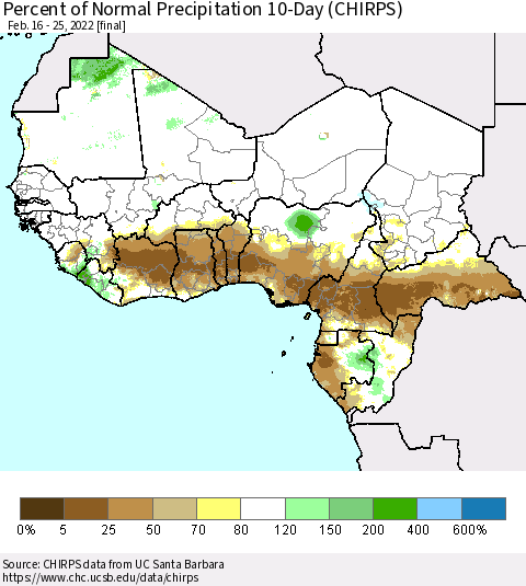 Western Africa Percent of Normal Precipitation 10-Day (CHIRPS) Thematic Map For 2/16/2022 - 2/25/2022