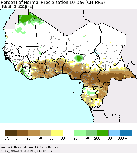 Western Africa Percent of Normal Precipitation 10-Day (CHIRPS) Thematic Map For 2/21/2022 - 2/28/2022