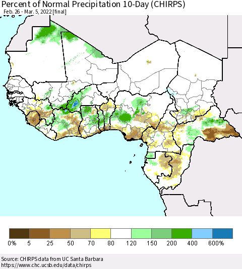 Western Africa Percent of Normal Precipitation 10-Day (CHIRPS) Thematic Map For 2/26/2022 - 3/5/2022
