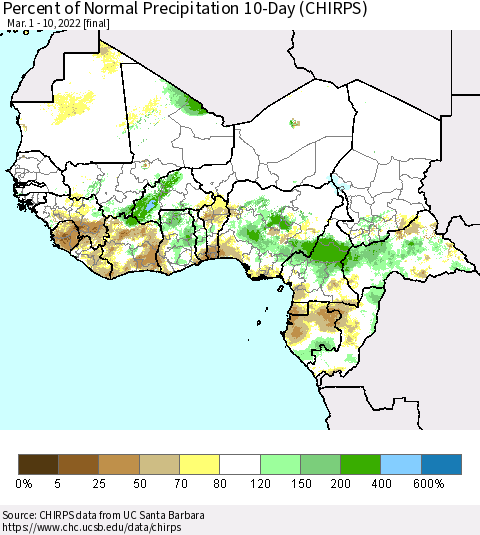 Western Africa Percent of Normal Precipitation 10-Day (CHIRPS) Thematic Map For 3/1/2022 - 3/10/2022