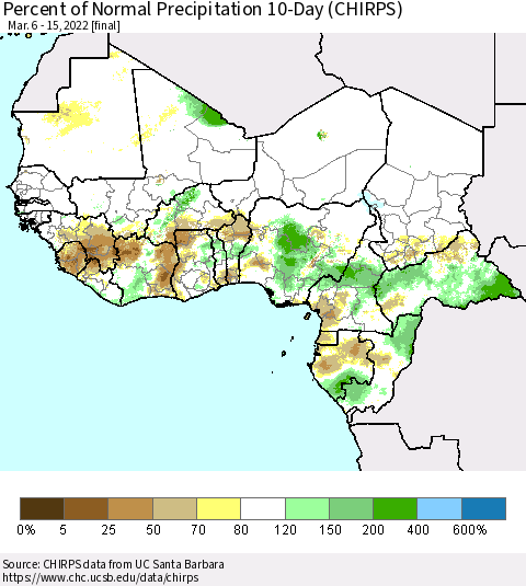 Western Africa Percent of Normal Precipitation 10-Day (CHIRPS) Thematic Map For 3/6/2022 - 3/15/2022