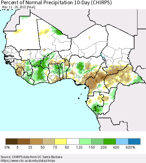 Western Africa Percent of Normal Precipitation 10-Day (CHIRPS) Thematic Map For 3/11/2022 - 3/20/2022