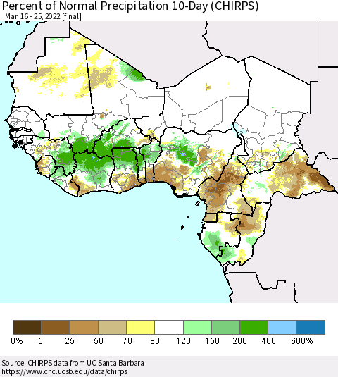 Western Africa Percent of Normal Precipitation 10-Day (CHIRPS) Thematic Map For 3/16/2022 - 3/25/2022