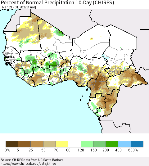 Western Africa Percent of Normal Precipitation 10-Day (CHIRPS) Thematic Map For 3/21/2022 - 3/31/2022