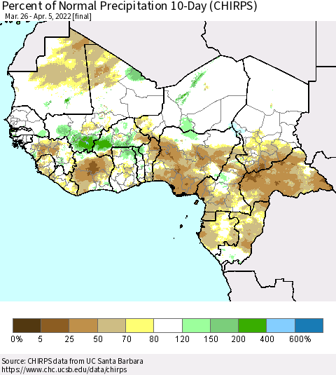 Western Africa Percent of Normal Precipitation 10-Day (CHIRPS) Thematic Map For 3/26/2022 - 4/5/2022