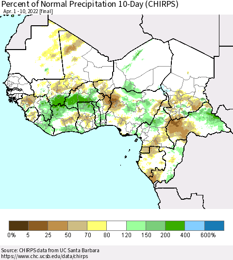 Western Africa Percent of Normal Precipitation 10-Day (CHIRPS) Thematic Map For 4/1/2022 - 4/10/2022
