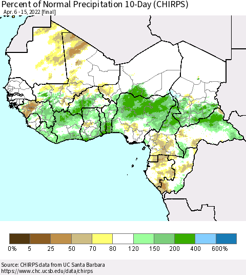 Western Africa Percent of Normal Precipitation 10-Day (CHIRPS) Thematic Map For 4/6/2022 - 4/15/2022