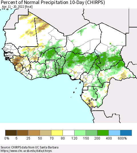 Western Africa Percent of Normal Precipitation 10-Day (CHIRPS) Thematic Map For 4/11/2022 - 4/20/2022