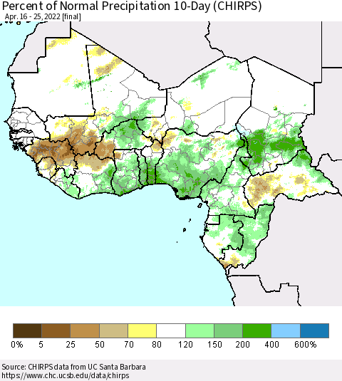 Western Africa Percent of Normal Precipitation 10-Day (CHIRPS) Thematic Map For 4/16/2022 - 4/25/2022