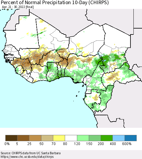 Western Africa Percent of Normal Precipitation 10-Day (CHIRPS) Thematic Map For 4/21/2022 - 4/30/2022