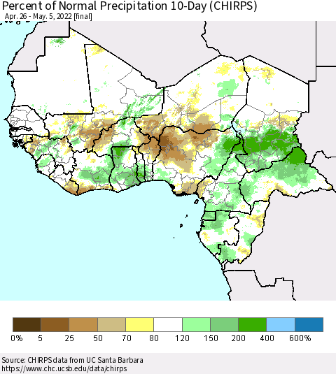 Western Africa Percent of Normal Precipitation 10-Day (CHIRPS) Thematic Map For 4/26/2022 - 5/5/2022