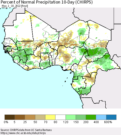 Western Africa Percent of Normal Precipitation 10-Day (CHIRPS) Thematic Map For 5/1/2022 - 5/10/2022