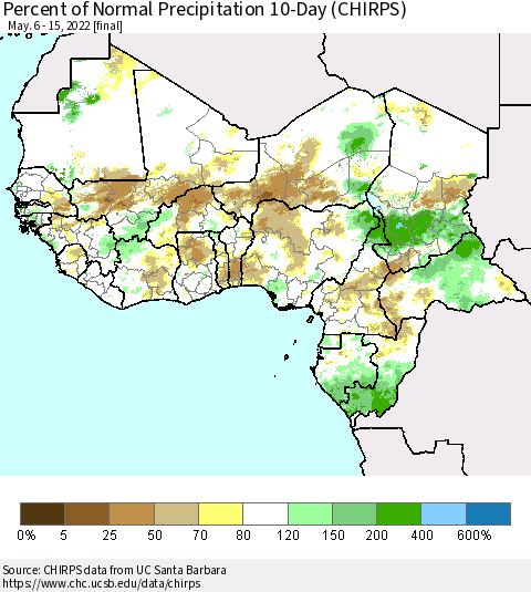 Western Africa Percent of Normal Precipitation 10-Day (CHIRPS) Thematic Map For 5/6/2022 - 5/15/2022