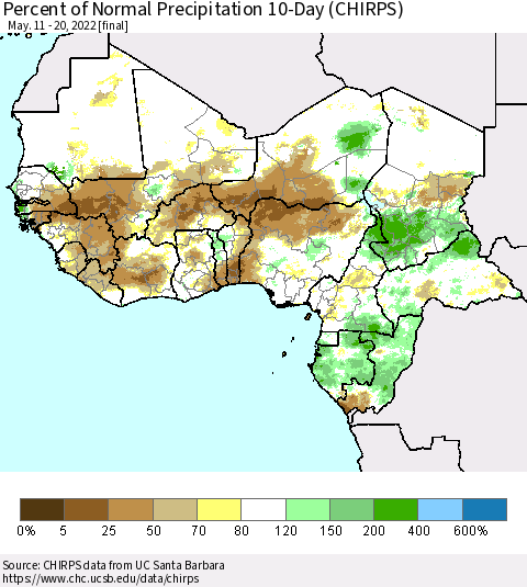 Western Africa Percent of Normal Precipitation 10-Day (CHIRPS) Thematic Map For 5/11/2022 - 5/20/2022