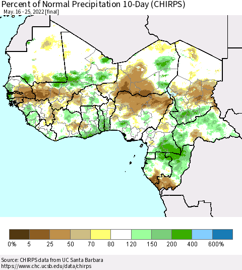 Western Africa Percent of Normal Precipitation 10-Day (CHIRPS) Thematic Map For 5/16/2022 - 5/25/2022