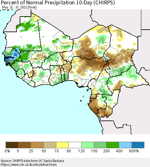 Western Africa Percent of Normal Precipitation 10-Day (CHIRPS) Thematic Map For 5/21/2022 - 5/31/2022