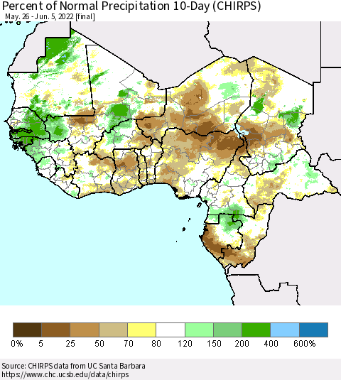 Western Africa Percent of Normal Precipitation 10-Day (CHIRPS) Thematic Map For 5/26/2022 - 6/5/2022