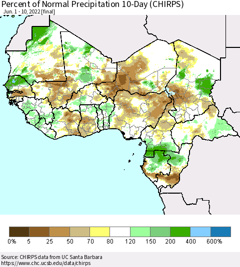 Western Africa Percent of Normal Precipitation 10-Day (CHIRPS) Thematic Map For 6/1/2022 - 6/10/2022