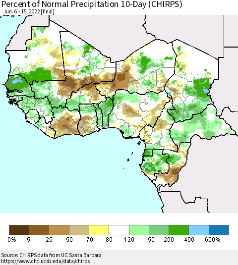 Western Africa Percent of Normal Precipitation 10-Day (CHIRPS) Thematic Map For 6/6/2022 - 6/15/2022