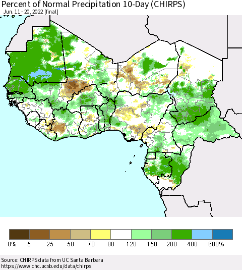 Western Africa Percent of Normal Precipitation 10-Day (CHIRPS) Thematic Map For 6/11/2022 - 6/20/2022
