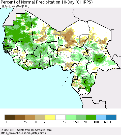 Western Africa Percent of Normal Precipitation 10-Day (CHIRPS) Thematic Map For 6/16/2022 - 6/25/2022