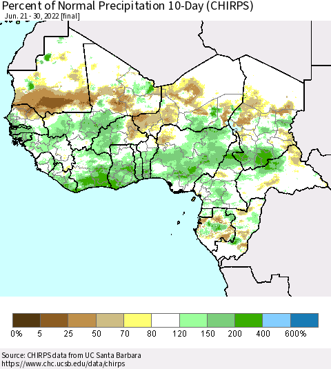 Western Africa Percent of Normal Precipitation 10-Day (CHIRPS) Thematic Map For 6/21/2022 - 6/30/2022