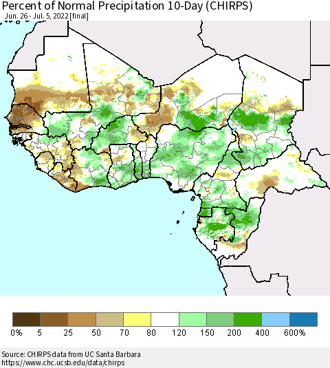 Western Africa Percent of Normal Precipitation 10-Day (CHIRPS) Thematic Map For 6/26/2022 - 7/5/2022