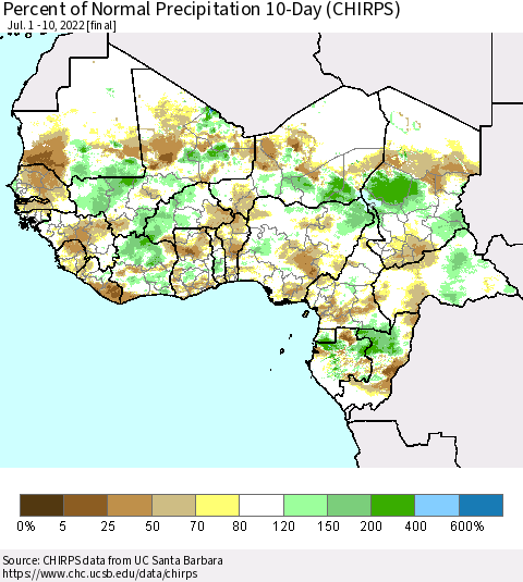 Western Africa Percent of Normal Precipitation 10-Day (CHIRPS) Thematic Map For 7/1/2022 - 7/10/2022