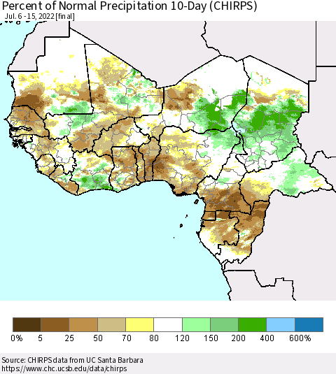 Western Africa Percent of Normal Precipitation 10-Day (CHIRPS) Thematic Map For 7/6/2022 - 7/15/2022