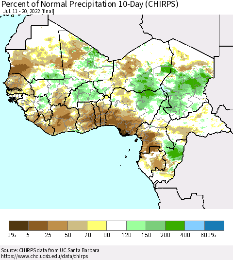 Western Africa Percent of Normal Precipitation 10-Day (CHIRPS) Thematic Map For 7/11/2022 - 7/20/2022